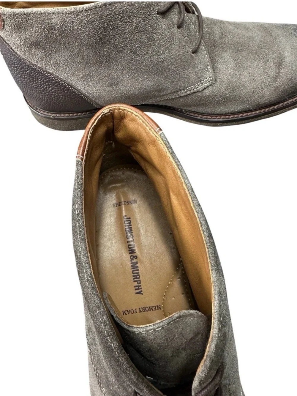 Johnston & Murphy Gray Suede Chukka Boots with Textured Heel